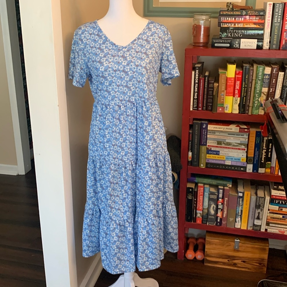 Size small summer dress. Tea length. Blue with white flowers.